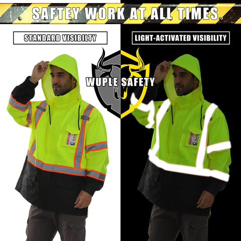Kickass High Visibility Safety Rain Jacket For Men And Women With Breathable Mesh Lining And Full Reflective Strips Lightweight Waterproof Work Gear Tough As Nails Protection in standard and light-activated visibility.