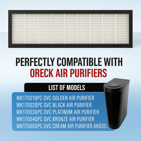 AH60010 True HEPA Filter Replacement showing compatibility with Oreck air purifiers and model list, image of filter and purifier.