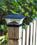 Solar Post Lights For Outdoor Deck And Fence Two Mode Led Lighting Warm White Or Bright White Black Finish 6 Pack on wooden fence