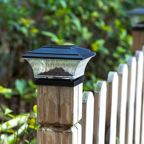 Solar Post Lights For Outdoor Deck And Fence Two Mode Led Lighting Warm White Or Bright White Black Finish 6 Pack on wooden fence