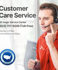 Customer care service representative wearing headset at SK magic service center, with contact details and trust badge visible.