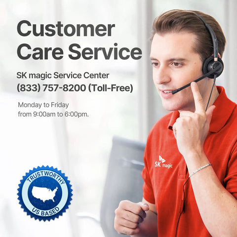 Customer care service representative wearing headset at SK magic service center, with contact details and trust badge visible.