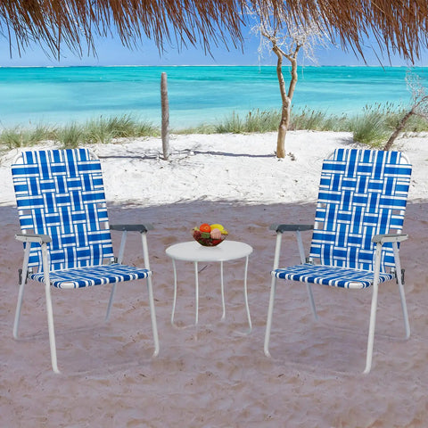 Set Of 2 Portable Folding Lawn Chairs For Patio Or Beach Use, Webbed Seats With Higher Backrests on sandy beach