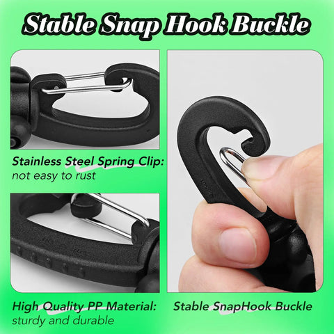 Close-up of Three Pack Diving Hose Holder Clips with Snap Hook Buckle, showcasing stainless steel clip and plastic handle for BCD management.