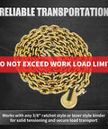 Heavy Duty Load Binder Chain Three Eighths Inch By Ten Foot With G70 Hooks, 5400 Lbs Safe Working Load coiled with warning label