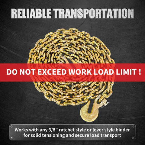 Heavy Duty Load Binder Chain Three Eighths Inch By Ten Foot With G70 Hooks, 5400 Lbs Safe Working Load coiled with warning label