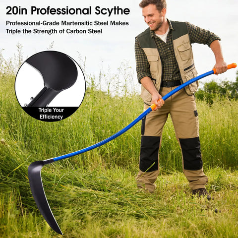 Man using 20 Inch Sickle Tool with Curved Stainless Steel Pole and Adjustable Dual Hand Grip to clear field.