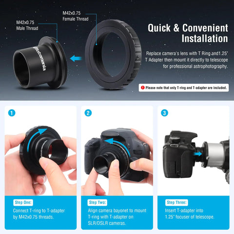 Setup guide for Canon EOS T Ring And 1.25 Inch Telescope Adapter Kit for astro photography with 31.75mm connector.