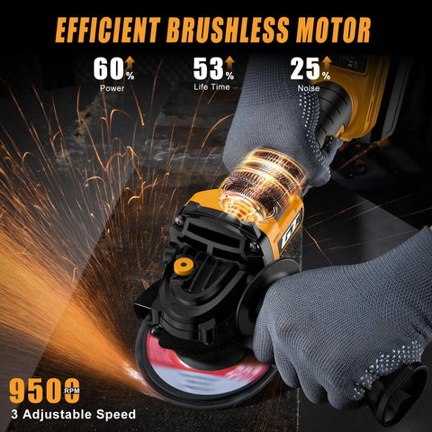 Killer Cordless Angle Grinder With Three Speed Settings And Paddle Safety Switch For Zero Hassle Metal Cutting And Grinding, brushless motor, sparks