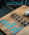 Half Inch Cordless Impact Wrench Beast With 21V Battery, showing six different socket sizes on a wooden surface.