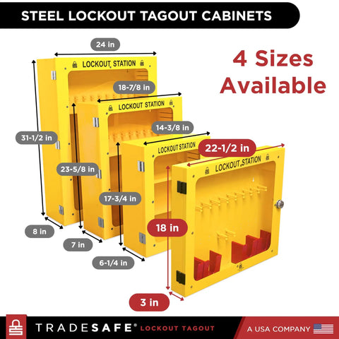Three yellow lockout station cabinets in multiple sizes with lockable clear windows, including the Heavy Duty Lockout Tagout Station Cabinet for Wall Mount, Unfilled Kit Holder with No LOTO Devices Included, Industrial Grade 19 Gauge Steel, Lockable Clear Window, Measures 22.5 by 18 by 3 Inches.