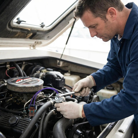 Technician installing No Sweat Oil Pressure Sensor Switch Replacement Kit For Mercury Mercruiser Outboard Boats with pigtail.