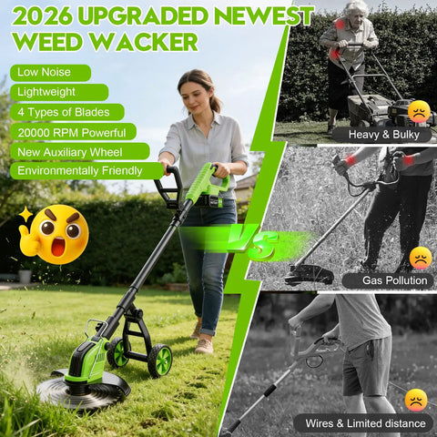 Woman using 20000 RPM Cordless Weed Wacker With Wheel 12 Inch Brushless 4 In 1 Grass Trimmer Cutter Edger in garden