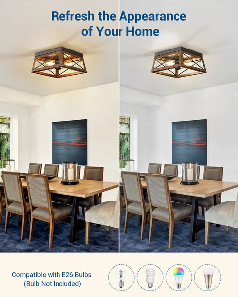 Dining room with Industrial Flush Mount Ceiling Light With Two Metal Fixtures, Vintage Farmhouse Style, wood grain accents.