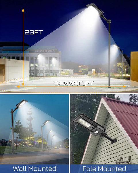 Powerful 300W Solar Street Light With 20000 Lumens, Outdoor Parking Lot Lighting That Covers Wide Areas, mounted at different heights