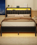 Queen Size Bed Frame With Smart RGB LED Lights And Remote App Control Featuring Over 60000 Custom Colors Quick Charge Hub and a stylish padded headboard.