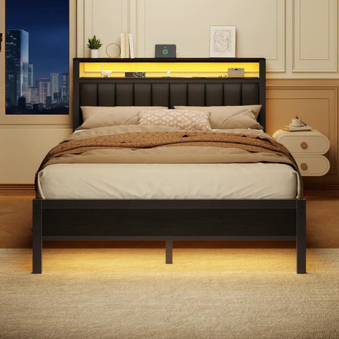 Queen Size Bed Frame With Smart RGB LED Lights And Remote App Control Featuring Over 60000 Custom Colors Quick Charge Hub and a stylish padded headboard.