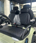Electric Golf Cart With Fold Up Rear Seats 48V 150Ah Lithium Battery Backup Camera White interior with diamond-patterned leather seats.
