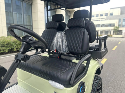 Electric Golf Cart With Fold Up Rear Seats 48V 150Ah Lithium Battery Backup Camera White interior with diamond-patterned leather seats.