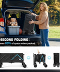Heavy Duty 48 Inch XL Collapsible Wagon Cart With All Terrain Wheels And 560 Lb Capacity shown folded for storage in car trunk.