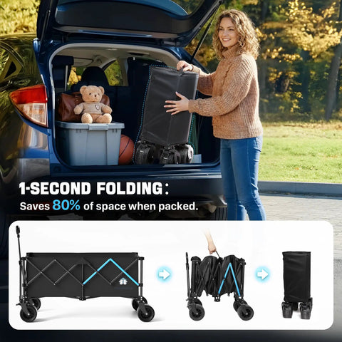 Heavy Duty 48 Inch XL Collapsible Wagon Cart With All Terrain Wheels And 560 Lb Capacity shown folded for storage in car trunk.