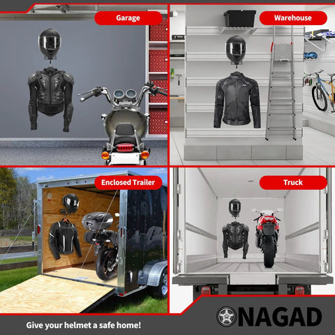Wall Mount Helmet Rack With Gloves Tray For Motorcycle And Dirt Bike Gear installed in garage, warehouse, trailer, truck