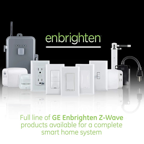 Full line of GE Enbrighten Z-Wave products displayed, including smart outlets and switches, for smart home integration.