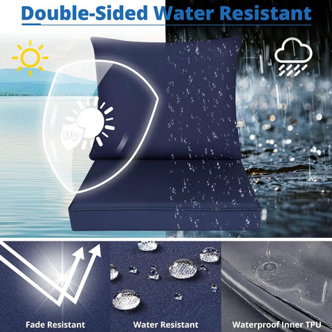 Outdoor Chair Cushions Set For Patio Furniture 22 By 22 Inch Deep Seat Cushion And 22 By 19 Inch Back Pillow With Removable Rain Resistant Covers And Ties For Wicker Sofa Blue Sunbrella, showcasing water resistance features.