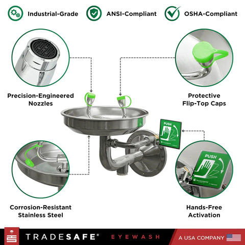 Wall Mounted Eye Wash Station OSHA Approved Stainless Steel Eyewash Unit Built Tough With Durable 11-Gauge Construction