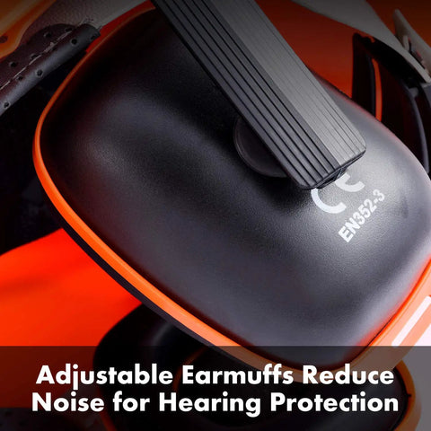 Close-up of the adjustable earmuffs on the Chainsaw Helmet With Face Shield And Ear Muffs For Logging And Tree Cutting ANSI Certified Forestry Hard Hat.