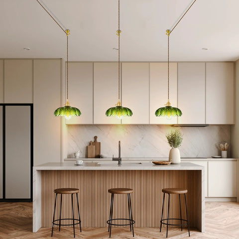 Chic Green Glass Swag Lamp With Inline Switch Plug In Pendant Fixture For Kitchen Island Bedroom Dining And Living Room Cozy Vintage Floral Hanging Decor in modern kitchen.