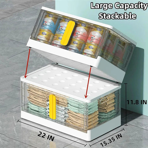 Heavy Duty 17.4 Gallon Lidded Storage Bins Stackable And Collapsible Set Of Three with food and cloth items organized.
