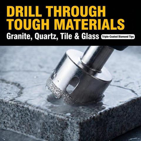 Diamond Drill Bit Set For Tile Glass Porcelain And Granite - 5 Pc Hole Saw Kit with guide, drilling into granite surface