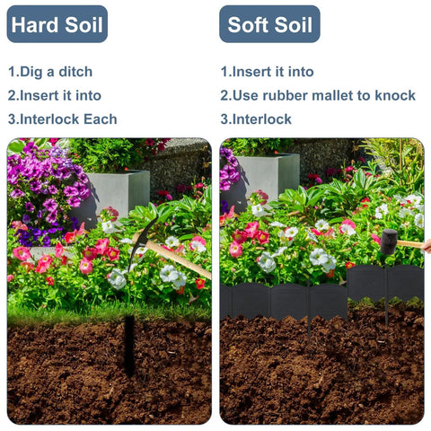 No Dig Garden Edging Kit 20 Ft Black Landscape Border With 20 Stakes 6 Inch Tall Heavy Duty PP Plastic Edging installation steps for hard and soft soil