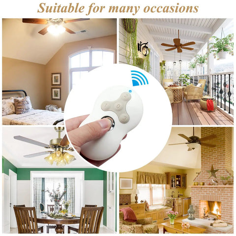 Hand holding Ceiling Fan Remote Control Kit With 3 Speed Settings And Dimmer; shown in various home settings.