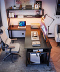 53 Inch L Shaped Gaming Desk With Hutch And Headphone Hook Corner Computer Table With Extra Storage Shelves Built In Cable Management For Home Office Black Must Have For Multi Monitor Setup, showing a complete workstation setup with monitors and accessories.
