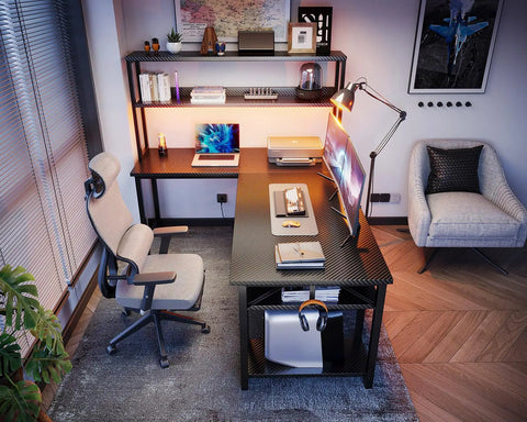 53 Inch L Shaped Gaming Desk With Hutch And Headphone Hook Corner Computer Table With Extra Storage Shelves Built In Cable Management For Home Office Black Must Have For Multi Monitor Setup, showing a complete workstation setup with monitors and accessories.