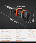 1 Inch Air Impact Wrench With Extended Anvil Knocking Out 5175 Ft Lbs Of Beast Mode Torque For Heavy Duty Truck Bus Tractor And Machinery Repairs showing specifications and dimensions.