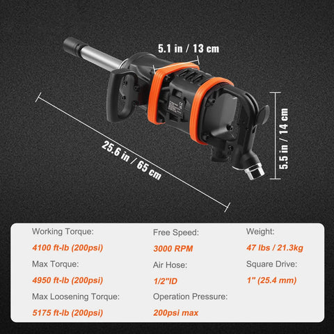 1 Inch Air Impact Wrench With Extended Anvil Knocking Out 5175 Ft Lbs Of Beast Mode Torque For Heavy Duty Truck Bus Tractor And Machinery Repairs showing specifications and dimensions.