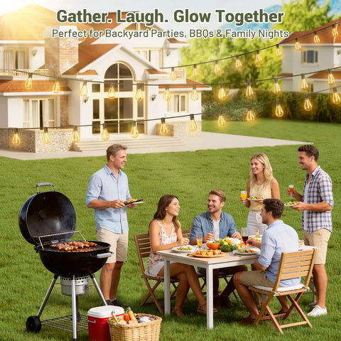 Group enjoying a backyard dinner under 200Ft Solar String Lights Outdoor Waterproof With 72 LED Bulbs, BBQ grill nearby.