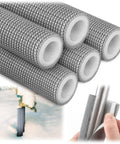 Five Pack Three Quarters Inch ID Foam Pipe Insulation Tubes Sixteen Point Nine Inch Length Grey All Weather Pro Grade Indoor Outdoor Use For Water Lines AC Piping Pool Handles And More, stacked and detailed close-up view.