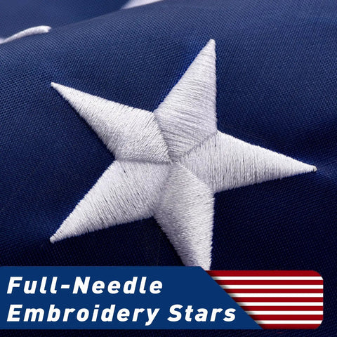 Heavy Duty 3x5 Outdoor American Flag Built Tough From Polyester With Embroidered Stars And Sewn Stripes Brass Grommets All Weather US Flag, close-up of embroidered star