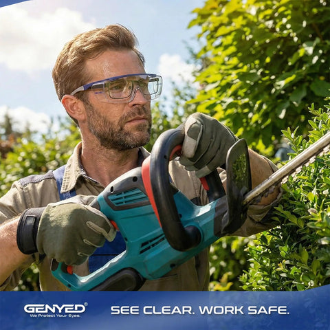 Chill Safety Glasses That Slide Smooth Over Prescription Frames Ansi Certified Anti Fog Scratch Proof Lenses worn by man trimming bushes