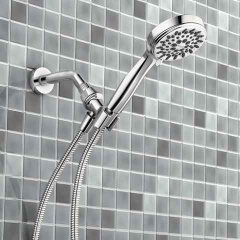 Ignite Chrome Handheld Shower Head With 2.5 GPM High Pressure Spray Five Settings Easy Install Detachable Hose Mirror Like Finish
