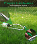 Heavy Duty Oscillating Sprinkler With 18 Brass Nozzles And Stable Metal Base For Big Yards shown in operation on grass