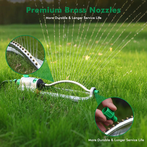 Heavy Duty Oscillating Sprinkler With 18 Brass Nozzles And Stable Metal Base For Big Yards shown in operation on grass