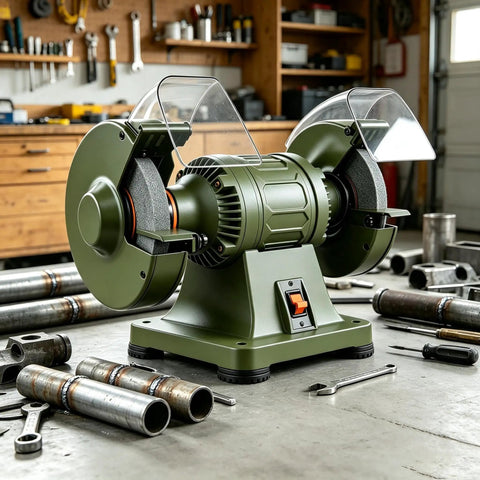 Mufaknp Low Speed Bench Grinder Electric Power Honing Machine For Metal Polishing Sharpening With Durable Cast Iron Body Stable Vibration Free Design Perfect For Precise Tool Restoration And Fine Edge Work in workshop setting.