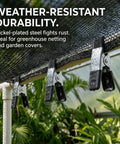 Straight Up Kicking 40 Pack Mini Spring Clamps Heavy Duty Nickel Plated Steel Clips securing greenhouse netting outdoors.