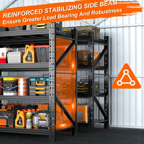 Heavy Duty 4 Tier Metal Storage Shelves 2500 Lb Capacity Garage Workshop Shelving Units Industrial Racks For Warehouse Basement Sturdy Steel Frame Built Like A Tank Adjustable Shelves with reinforced side beams and stored tools