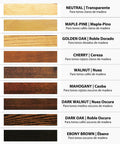 Walnut Wood Finish Restorer 16 Oz Bottle With Smooth Formula swatches of wood finishes including walnut, oak, and ebony.